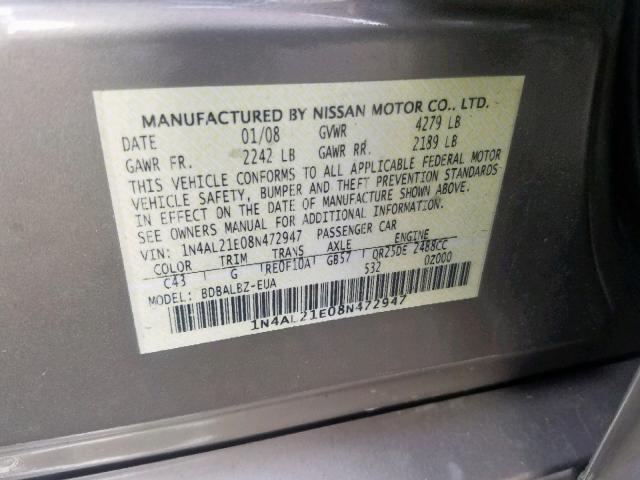 1N4AL21E08N472947 - 2008 NISSAN ALTIMA 2.5 TAN photo 10