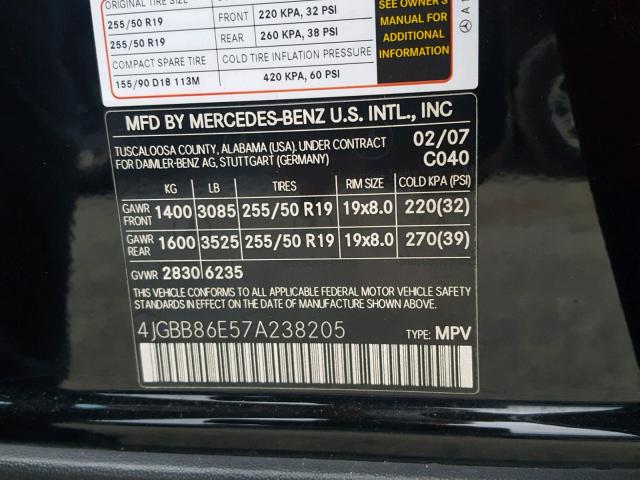 4JGBB86E57A238205 - 2007 MERCEDES-BENZ ML 350 BLACK photo 10