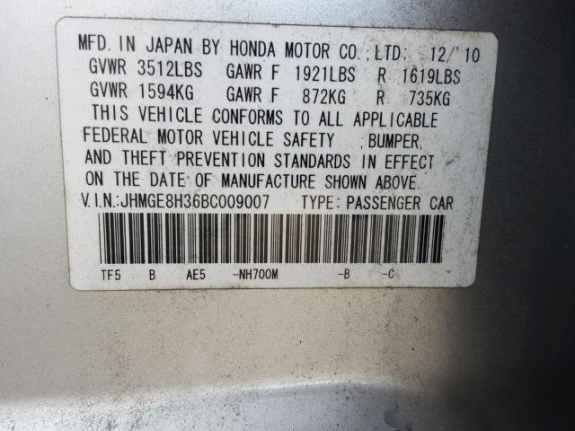 JHMGE8H36BC009007 - 2011 HONDA FIT SILVER photo 10