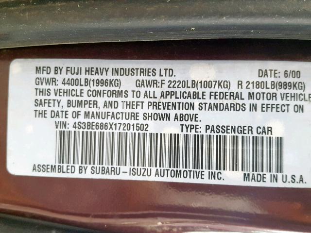 4S3BE686X17201502 - 2001 SUBARU LEGACY OUT BURGUNDY photo 10