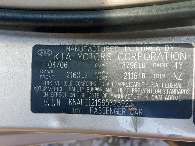 KNAFE121565325923 - 2006 KIA NEW SPECTR GOLD photo 10