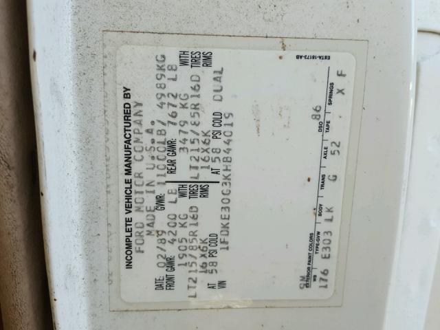 1FDKE30G3KHB44019 - 1989 FORD F-350 WHITE photo 10