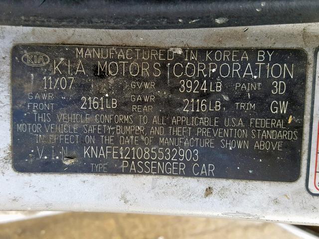 KNAFE121085532903 - 2008 KIA SPECTRA EX SILVER photo 10