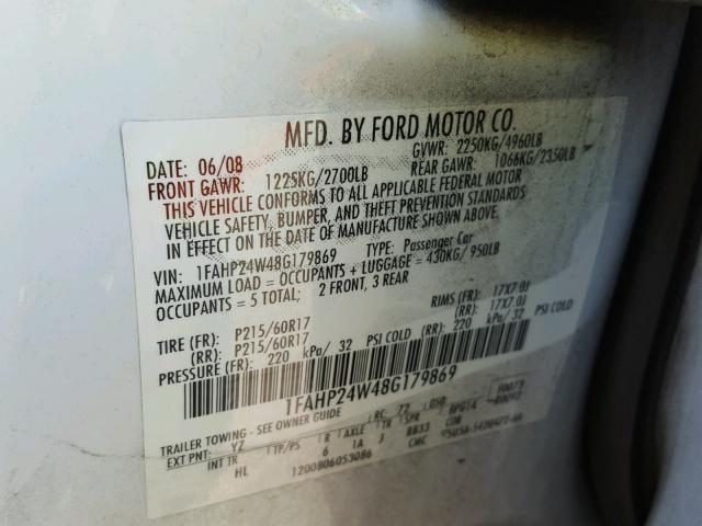 1FAHP24W48G179869 - 2008 FORD TAURUS SEL WHITE photo 10