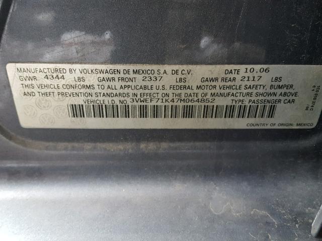 3VWEF71K47M064852 - 2007 VOLKSWAGEN JETTA WOLF GRAY photo 10