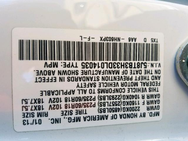 5J8TB3H33DL014035 - 2013 ACURA RDX WHITE photo 10