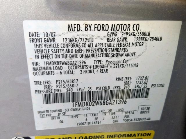 1FMDK02W68GA21396 - 2008 FORD TAURUS X S SILVER photo 10