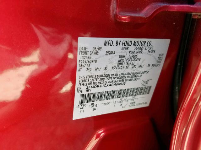 2FMDK4JCXABA00935 - 2010 FORD EDGE SEL RED photo 10