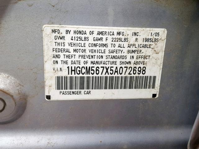 1HGCM567X5A072698 - 2005 HONDA ACCORD EX SILVER photo 10