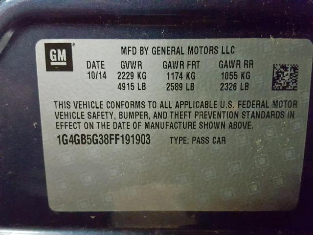 1G4GB5G38FF191903 - 2015 BUICK LACROSSE BLUE photo 10