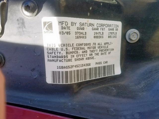 1G8AG52F45Z154366 - 2005 SATURN ION LEVEL RED photo 10