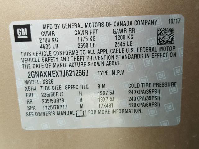 2GNAXNEX7J6212560 - 2018 CHEVROLET EQUINOX PR BEIGE photo 10