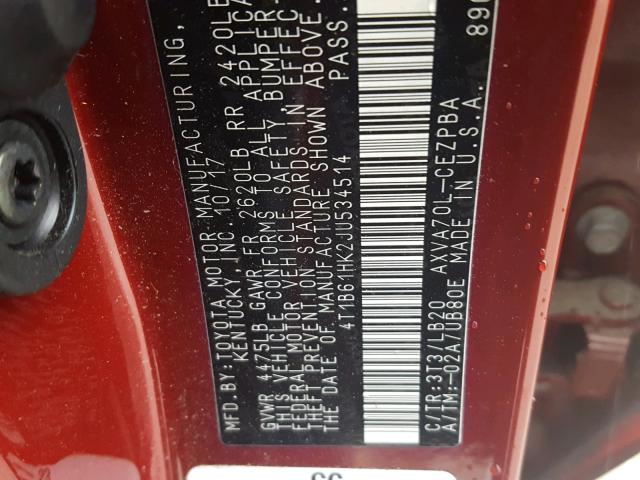 4T1B61HK2JU534514 - 2018 TOYOTA CAMRY XSE MAROON photo 10