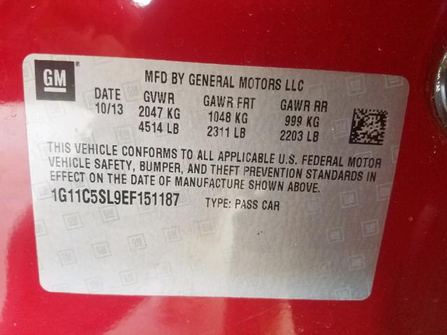 1G11C5SL9EF151187 - 2014 CHEVROLET MALIBU 1LT 红色 照片 10