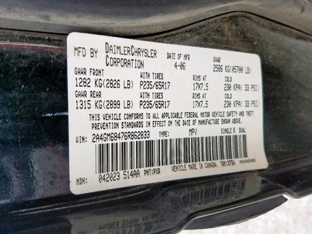 2A4GM68476R862833 - 2006 CHRYSLER PACIFICA T BLACK photo 10