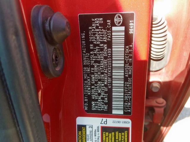 4T1BF1FKXCU551499 - 2012 TOYOTA CAMRY BASE RED photo 10