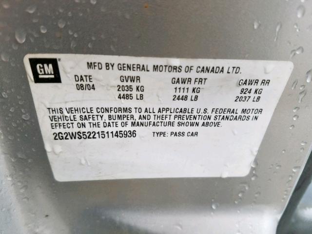 2G2WS522151145936 - 2005 PONTIAC GRAND PRIX SILVER photo 10