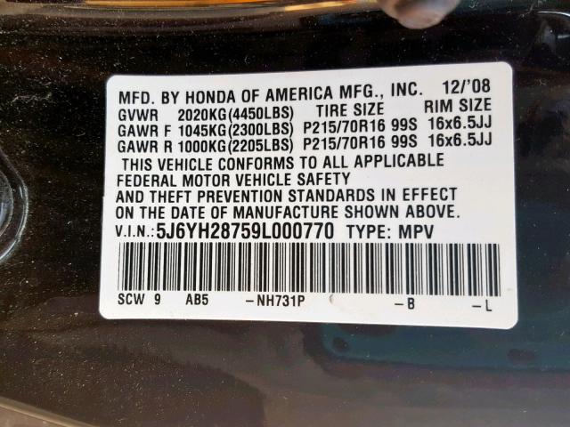 5J6YH28759L000770 - 2009 HONDA ELEMENT EX BLACK photo 10