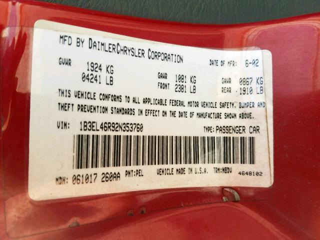 1B3EL46R92N353760 - 2002 DODGE STRATUS SE RED photo 10