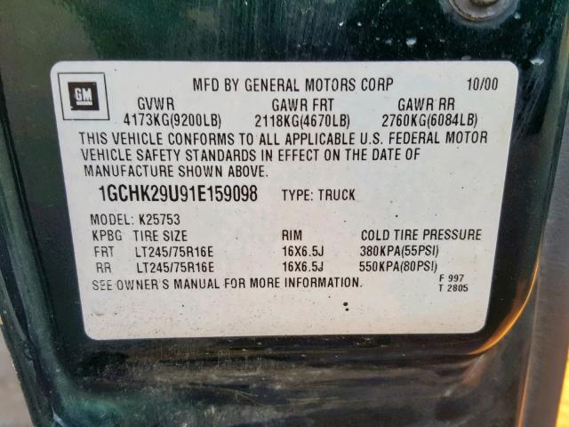 1GCHK29U91E159098 - 2001 CHEVROLET SILVERADO GREEN photo 10