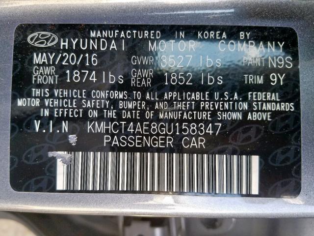 KMHCT4AE8GU158347 - 2016 HYUNDAI ACCENT SE GRAY photo 10