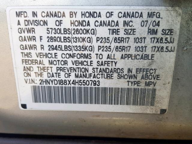 2HNYD188X4H550793 - 2004 ACURA MDX TOURIN SILVER photo 10