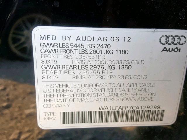 WA1LFAFP7CA129299 - 2012 AUDI Q5 PREMIUM BLACK photo 10