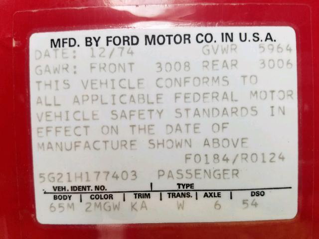 5G21H177403 - 1975 FORD ELITE RED photo 10