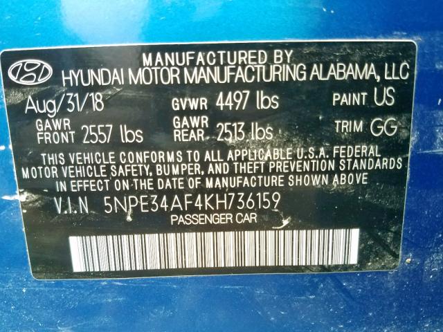 5NPE34AF4KH736159 - 2019 HYUNDAI SONATA LIM BLUE photo 10