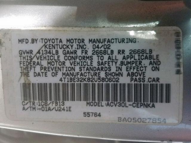 4T1BE32K82U580602 - 2002 TOYOTA CAMRY LE SILVER photo 10