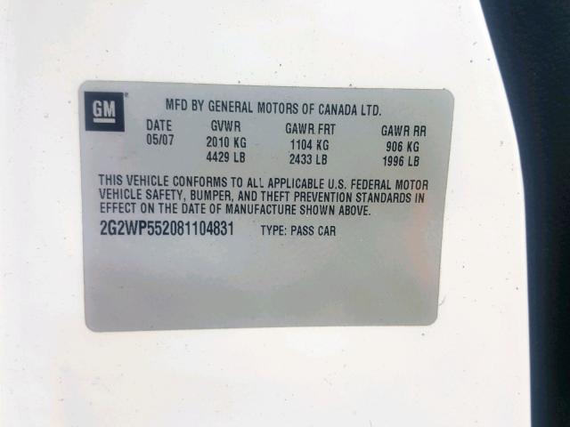 2G2WP552081104831 - 2008 PONTIAC GRAND PRIX WHITE photo 10