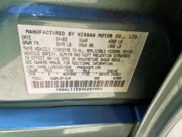 1N4AL11E63C267986 - 2003 NISSAN ALTIMA BAS GREEN photo 10