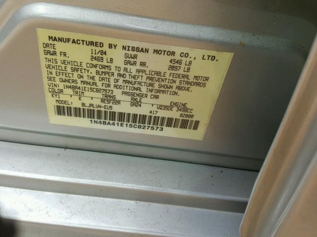 1N4BA41E15C827573 - 2005 NISSAN MAXIMA SE SILVER photo 10