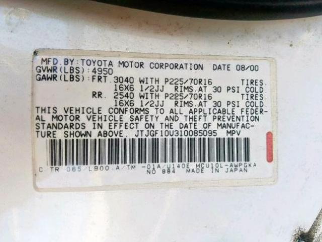 JTJGF10U310085095 - 2001 LEXUS RX 300 WHITE photo 10