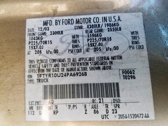 1FTYR10U24PA69268 - 2004 FORD RANGER TAN photo 10