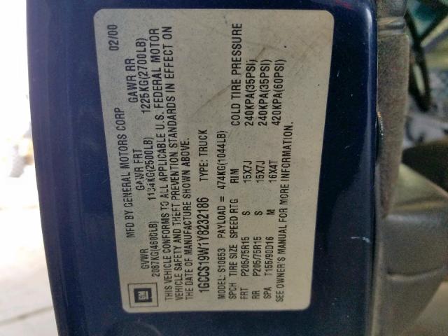 1GCCS19W1Y8232186 - 2000 CHEVROLET S TRUCK S1 BLUE photo 10