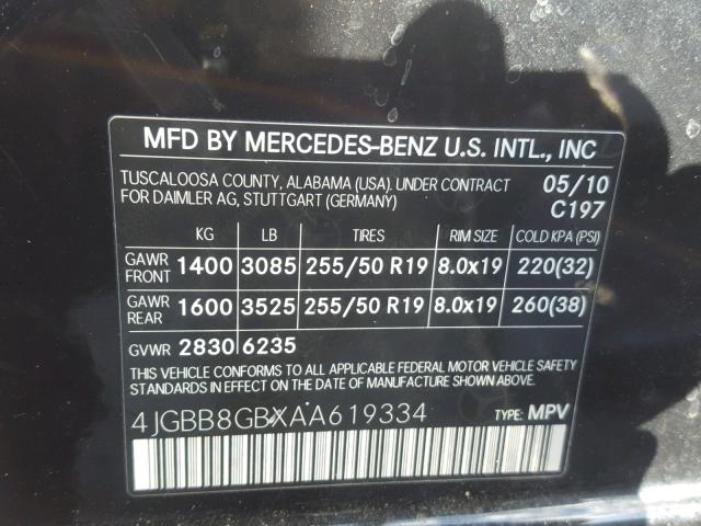 4JGBB8GBXAA619334 - 2010 MERCEDES-BENZ ML 350 4MA BLACK photo 10