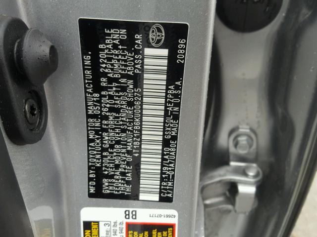 4T1BZ1FB6KU006275 - 2019 TOYOTA AVALON XLE SILVER photo 10