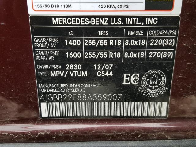4JGBB22E88A359007 - 2008 MERCEDES-BENZ ML 320 CDI BURGUNDY photo 10
