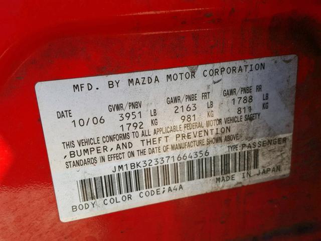 JM1BK323371664356 - 2007 MAZDA 3 S RED photo 10