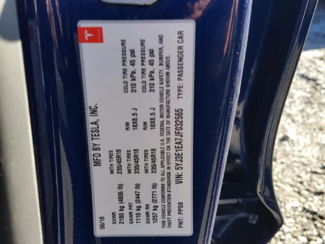 5YJ3E1EA7JF032565 - 2018 TESLA MODEL 3 ლურჯი ფოტო 10