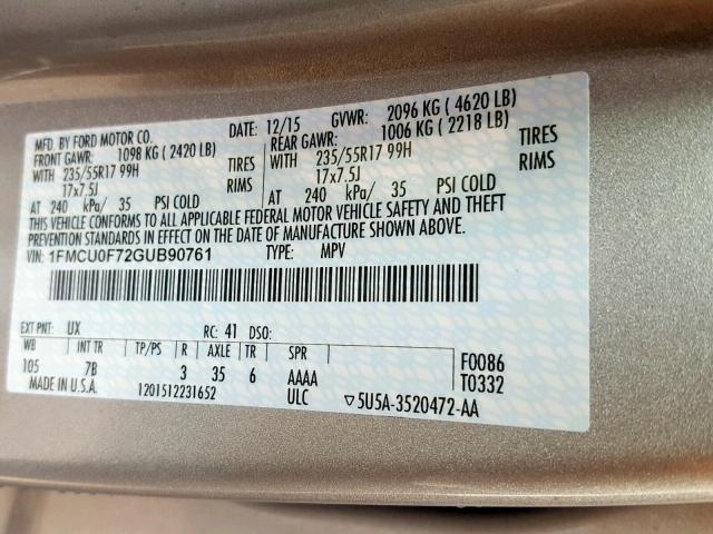 1FMCU0F72GUB90761 - 2016 FORD ESCAPE S SILVER photo 10