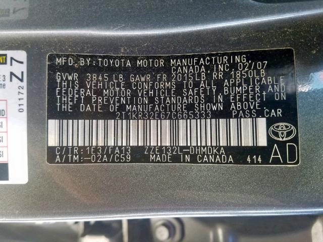 2T1KR32E67C665333 - 2007 TOYOTA COROLLA MA GRAY photo 10