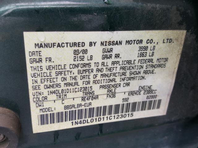 1N4DL01D11C123015 - 2001 NISSAN ALTIMA XE GREEN photo 10