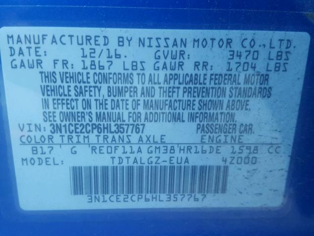 3N1CE2CP6HL357767 - 2017 NISSAN VERSA NOTE BLUE photo 10