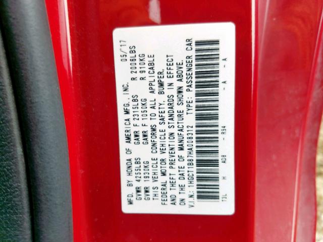 1HGCT1B87HA008312 - 2017 HONDA ACCORD EXL RED photo 10