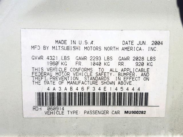 4A3AB46F34E145444 - 2004 MITSUBISHI GALANT ES WHITE photo 10