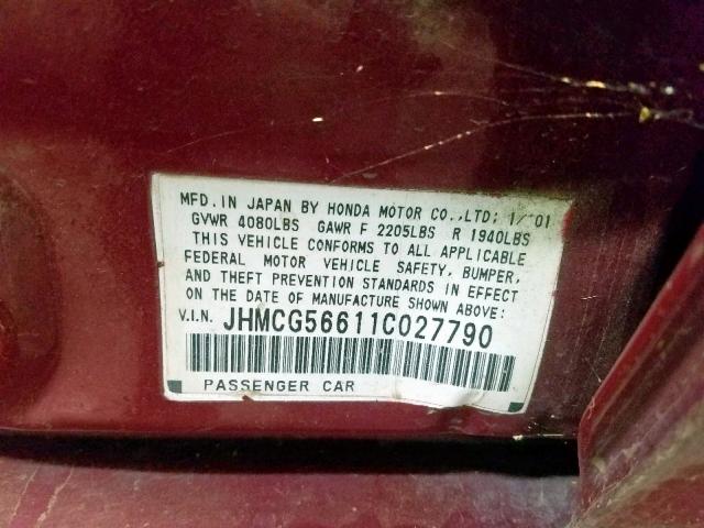 JHMCG56611C027790 - 2001 HONDA ACCORD EX RED photo 10