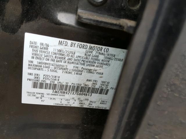 1MEHM421X7G604613 - 2007 MERCURY MONTEGO PR 黑色 照片 10