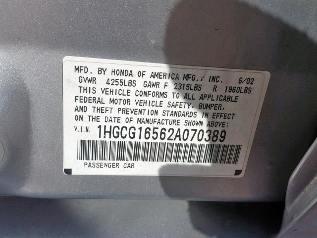 1HGCG16562A070389 - 2002 HONDA ACCORD EX SILVER photo 10